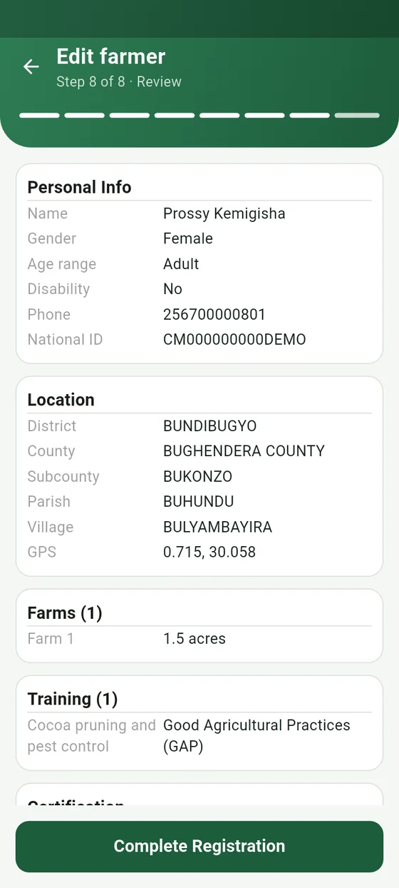 The review step at the end of farmer registration, summarising personal details, location, farms and training
