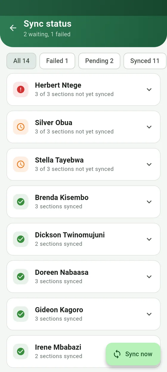 The sync status screen listing farmers with failed, pending and synced counts and a Sync now button