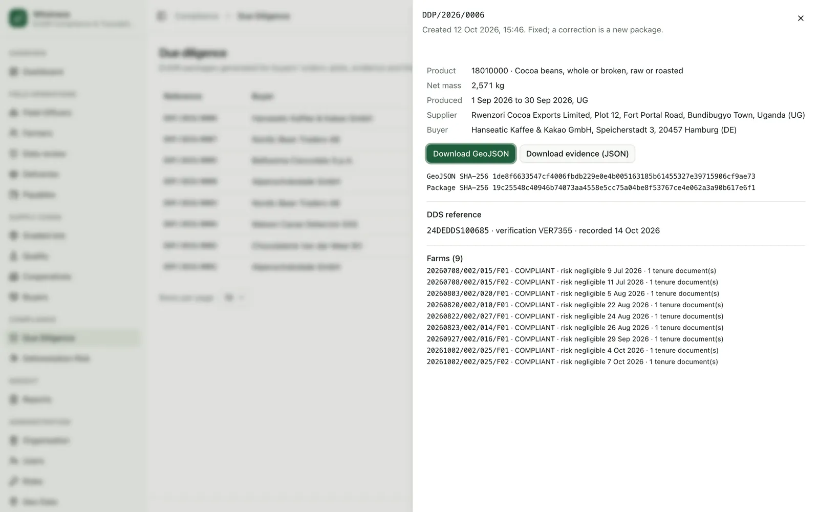 A due diligence package with its product, supplier and buyer, GeoJSON and evidence downloads, hashes and the farms it covers