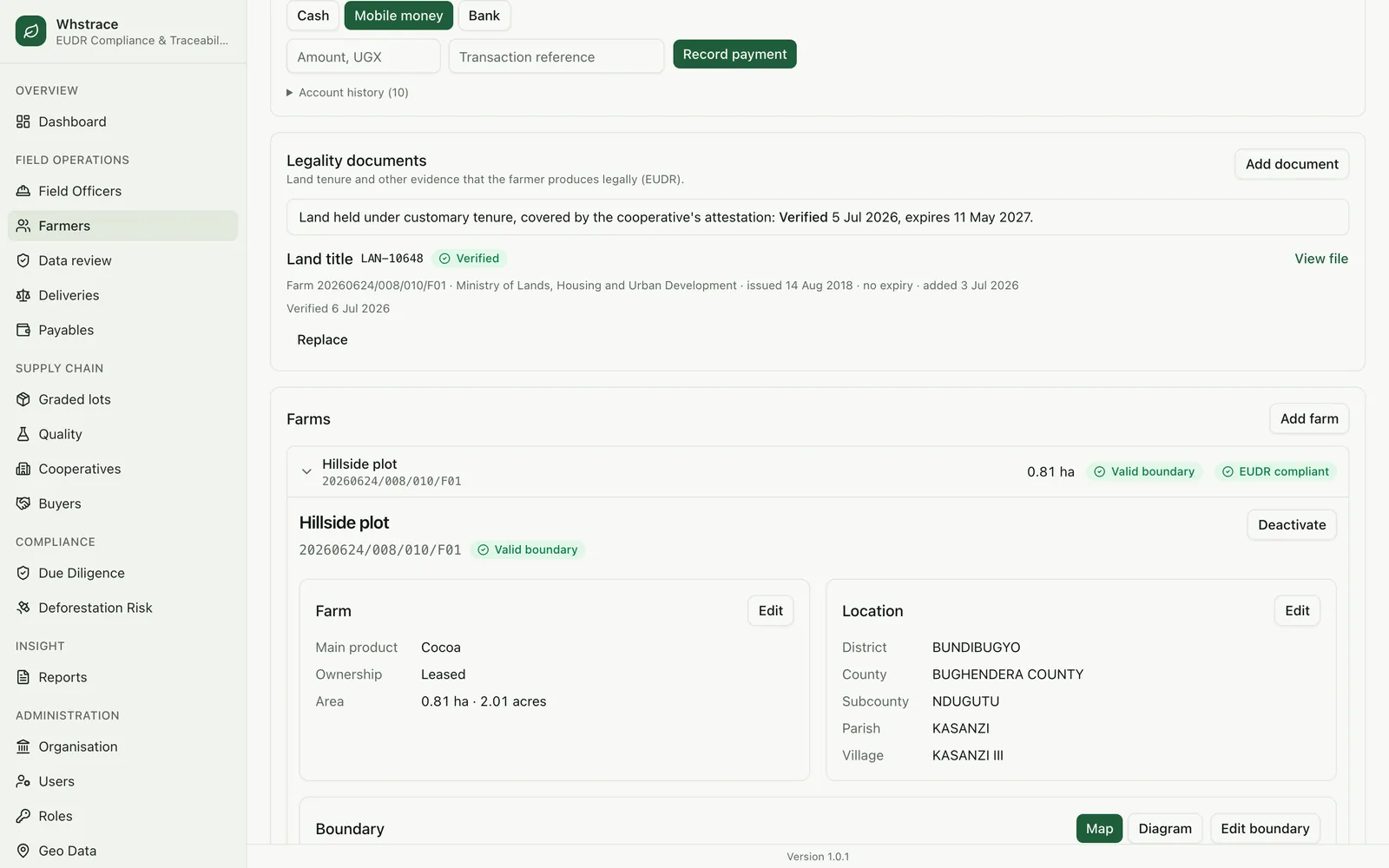 A farm record with its legality document, farm details, location and boundary controls