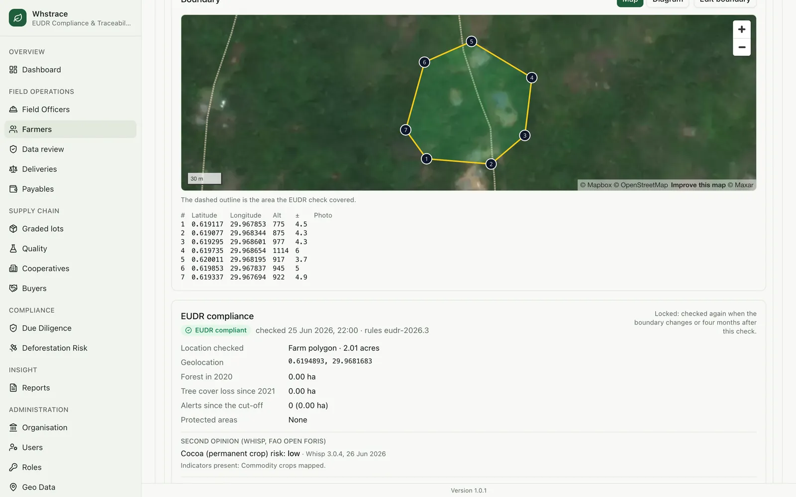 The EUDR evidence page for one farm showing the boundary map, the verdict and the Whisp second opinion