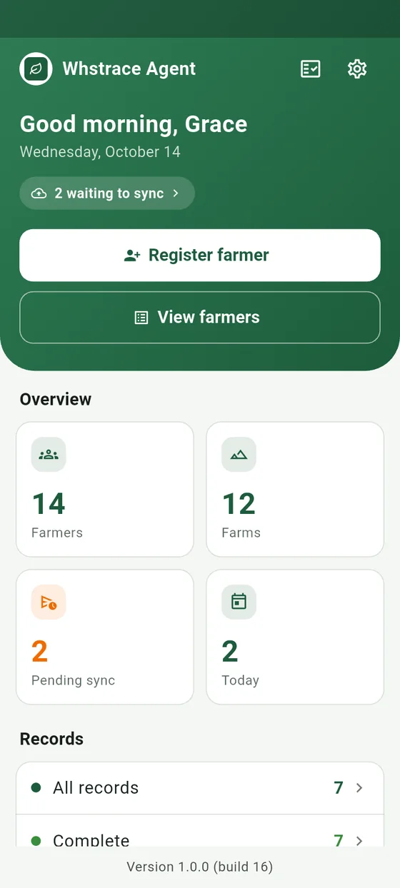 The Whstrace Agent field app dashboard on an Android phone