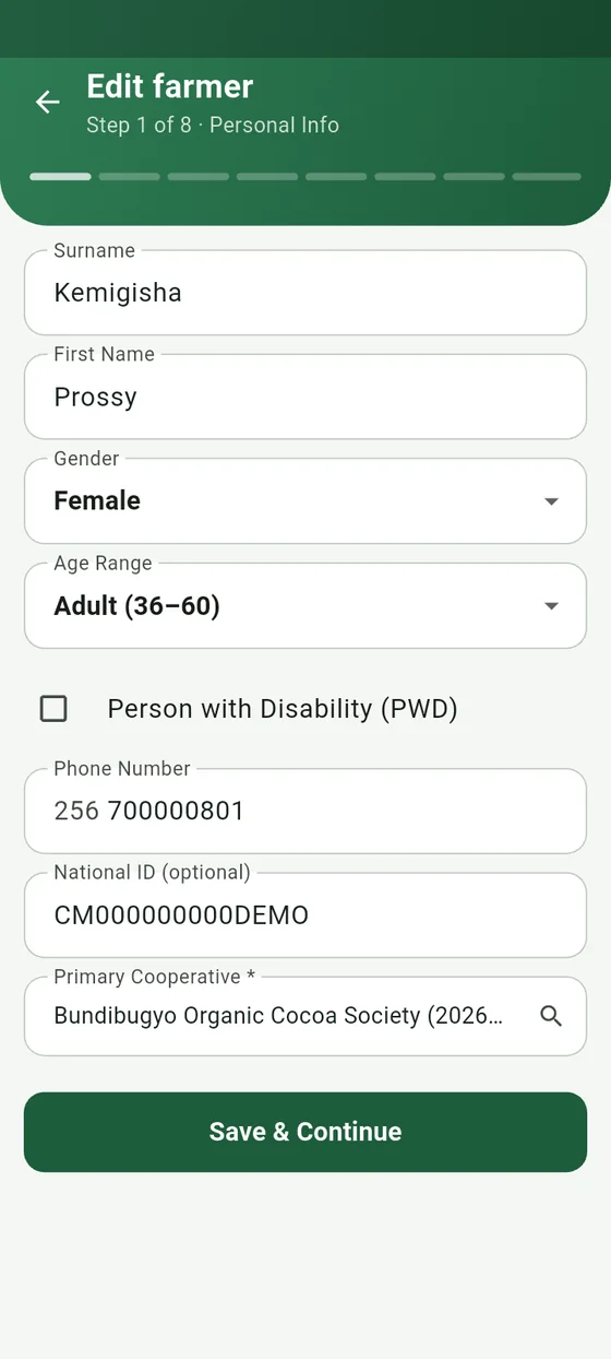 Field app farmer registration form