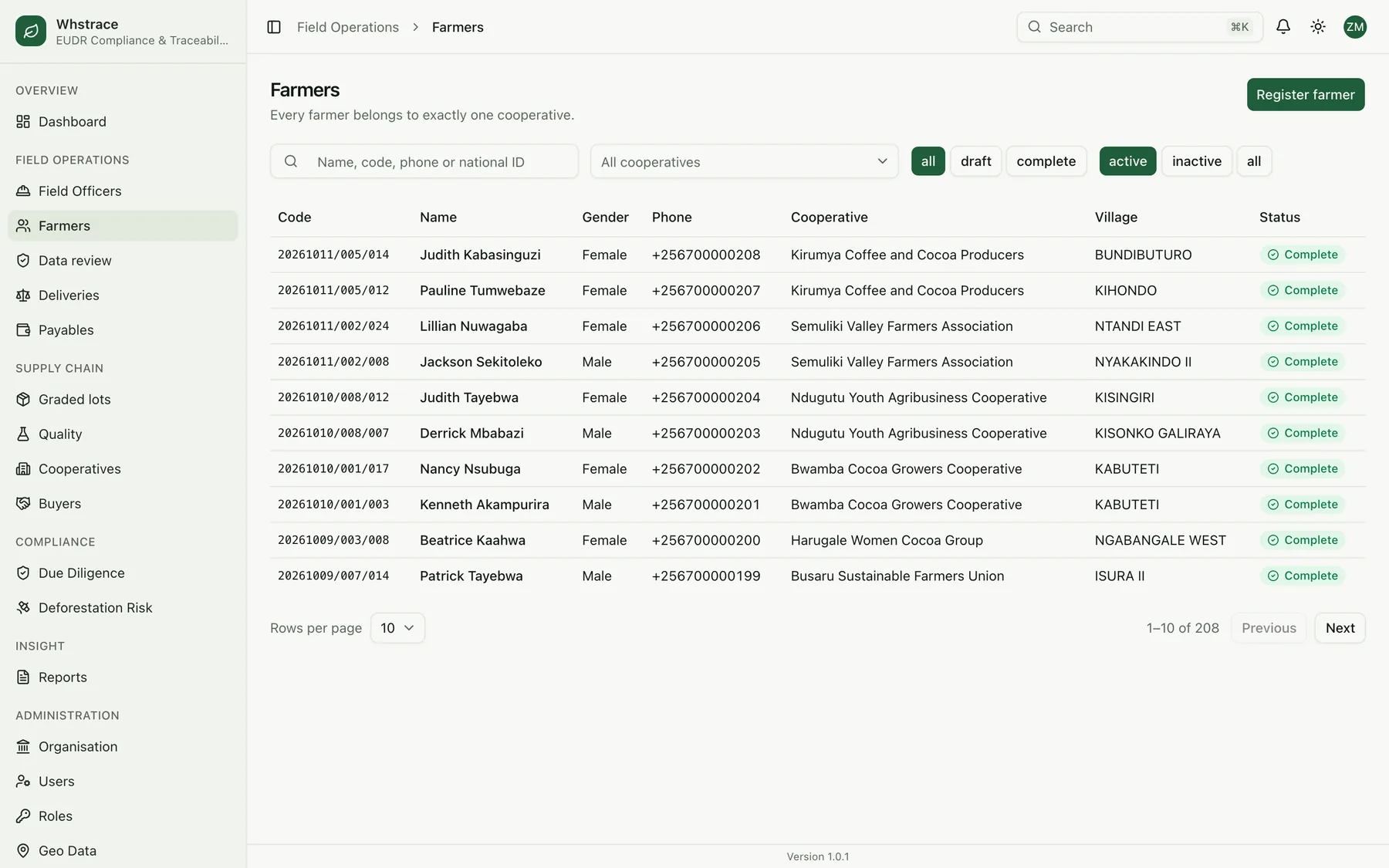 The farmer registry in the admin console