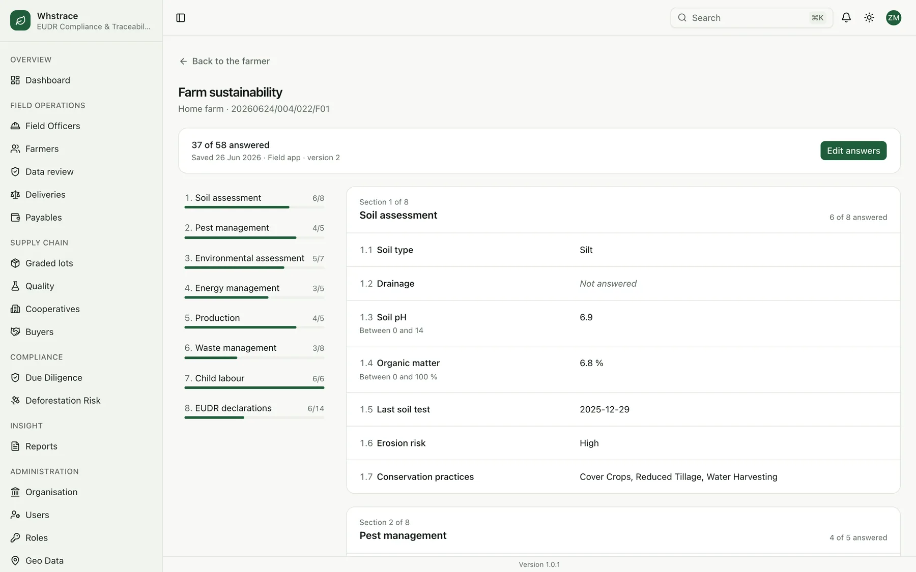 A farm sustainability questionnaire with its answers in the admin console
